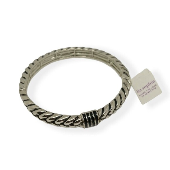 Lia Sophia Ravel Bracelet Silver Tone Braid Stretch Bangle Signed With Tags - Picture 1 of 5